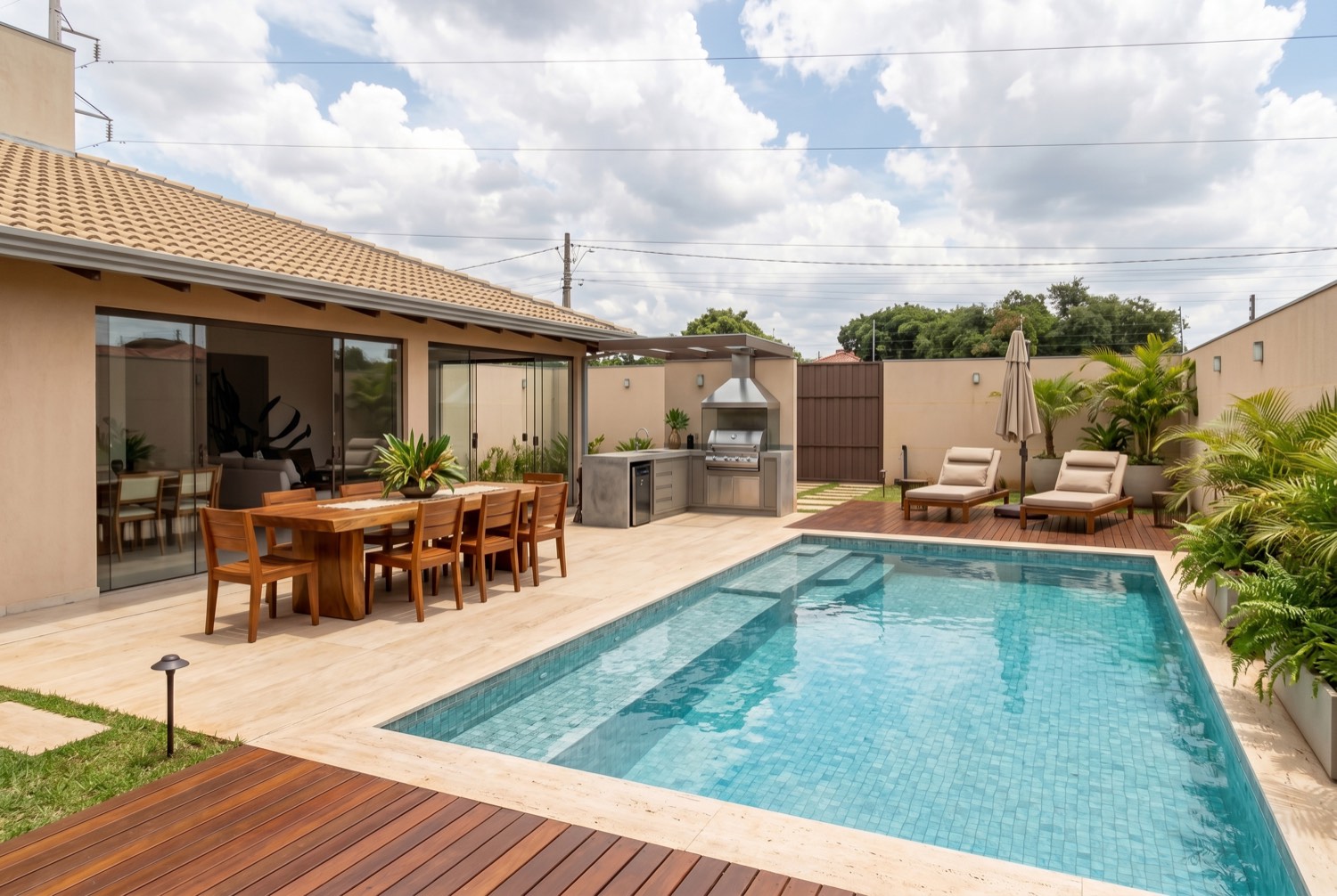 Área de lazer com piscina, deck e churrasqueira gerada por IA a partir da foto do quintal
